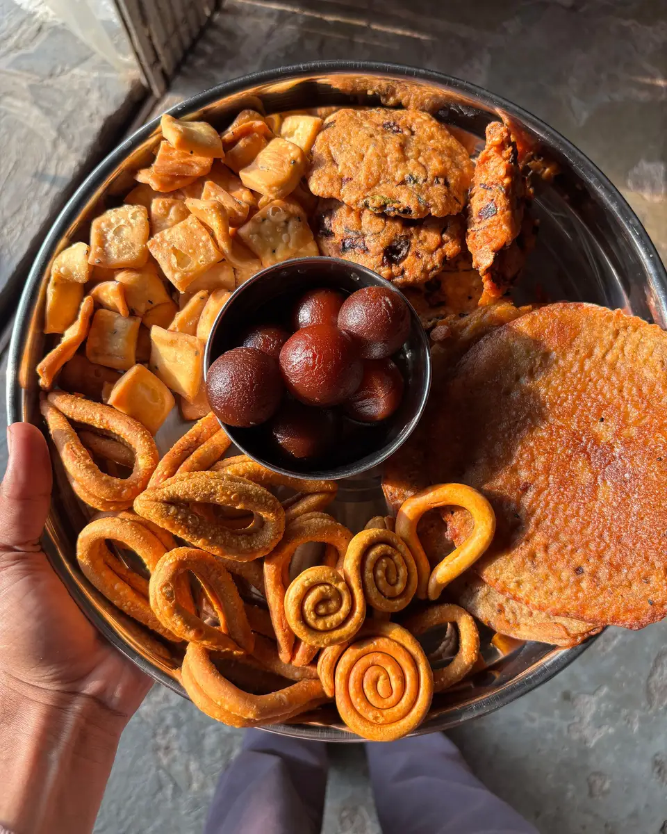 A tray of namkeen and sweets over a table